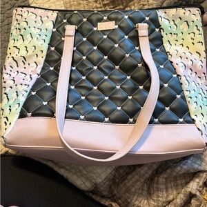 Betsey Johnson Black Quilted Tote with Pastel Leopard Panels and Pink Trim